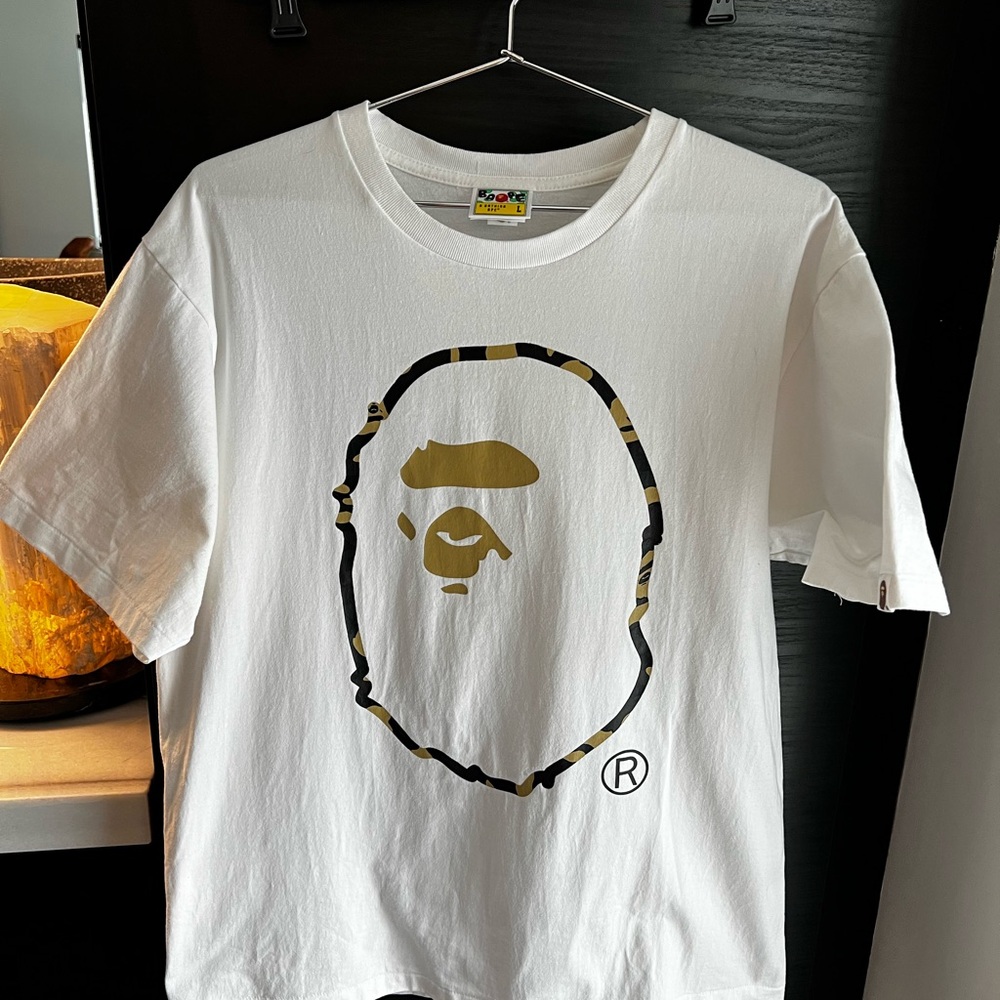 Bape White Tee with Gold and Black Ape Logo